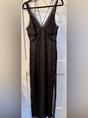 Guess Long Black Lace Dress with Nude Lining
